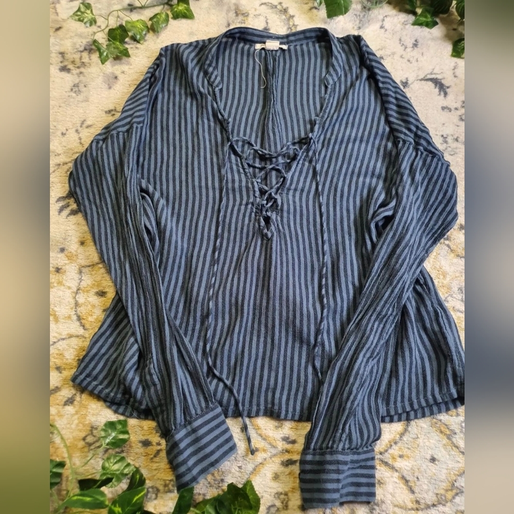 Billabong striped lace-up v-neck long sleeve blouse